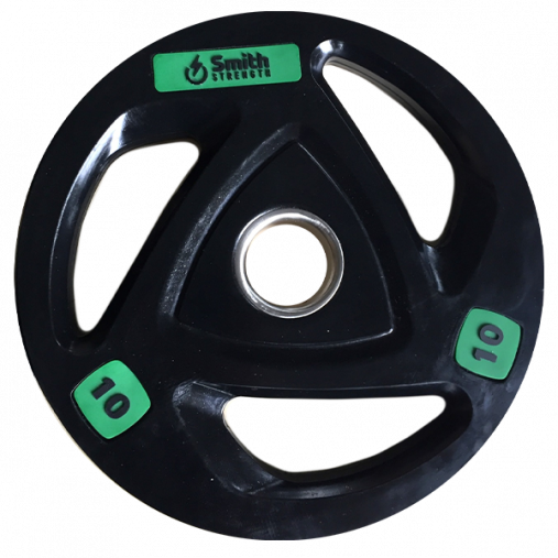 Диск для штанги Smith WP085-10 c 3-м хватом, обрезиненный, 10кг Диск для штанги Smith WP085-10 c 3-м хватом, обрезиненный, 10кг